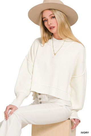 SIDE SLIT OVERSIZED CROPPED SWEATER
