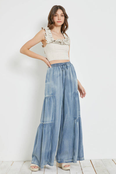 RUFFLED SIDE WASHED DENIM WIDE PANTS