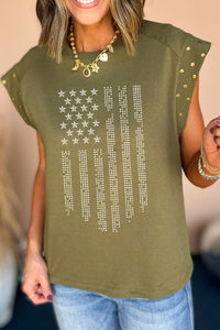 Rhinestone US Flag Round Neck Cap Sleeve T-Shirt