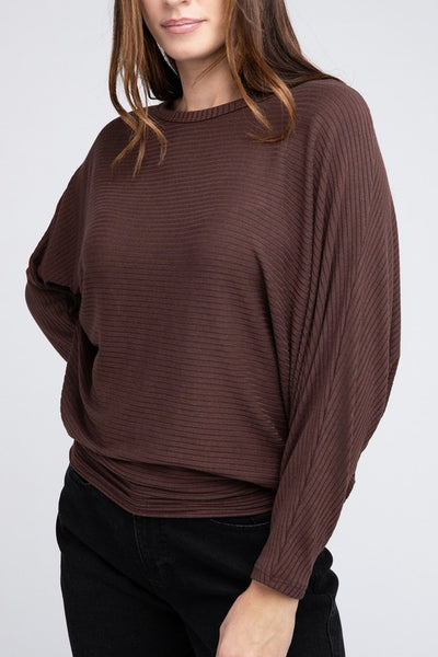 Ribbed Batwing Long Sleeve Boat Neck Sweater