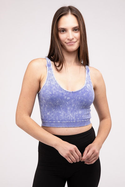 Washed Ribbed Cropped V-Neck Tank Top