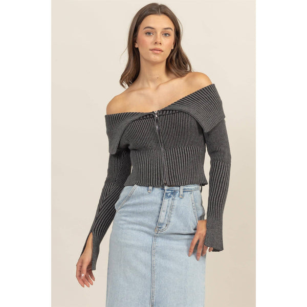 Washed Off-Shoulder Zip-Front Sweater Top