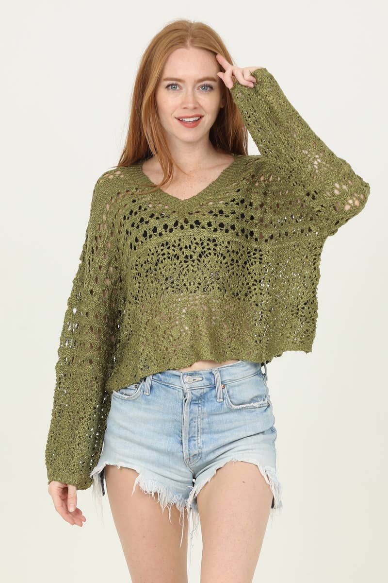 OPEN KNIT V NECK PULLOVER SWEATER