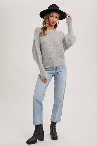 BOAT NECK DOLMAN SLEEVE RIBBED FUZZY KNIT SWEATER