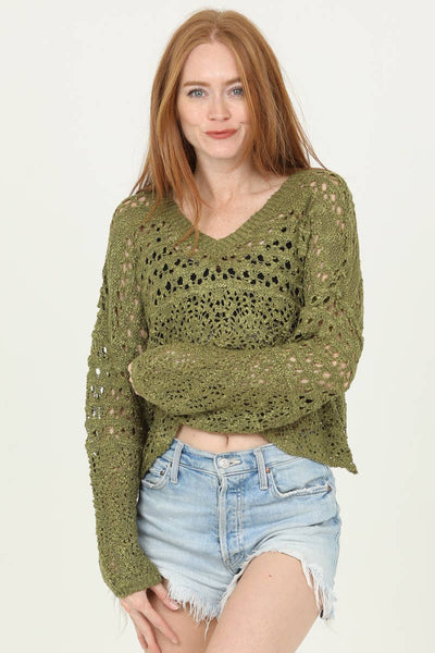 OPEN KNIT V NECK PULLOVER SWEATER