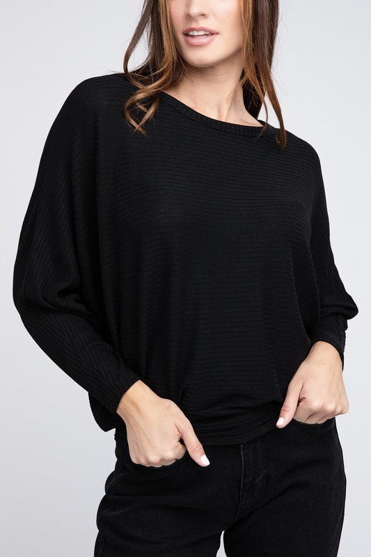 Ribbed Batwing Long Sleeve Boat Neck Sweater