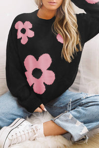 Round Neck Floral Pattern Color Contrast  Design Long Sleeve Sweater