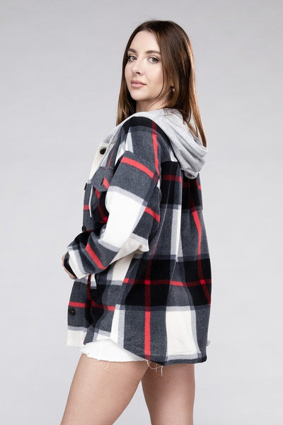 Plaid Drawstring Hooded Fleece Shacket