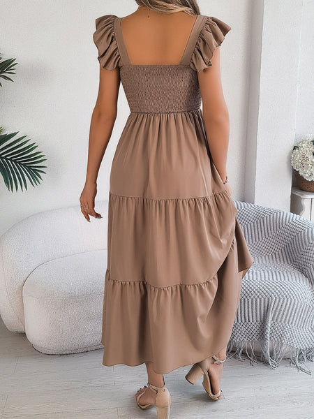 Smocked Square Neck Cap Sleeve Midi Dress