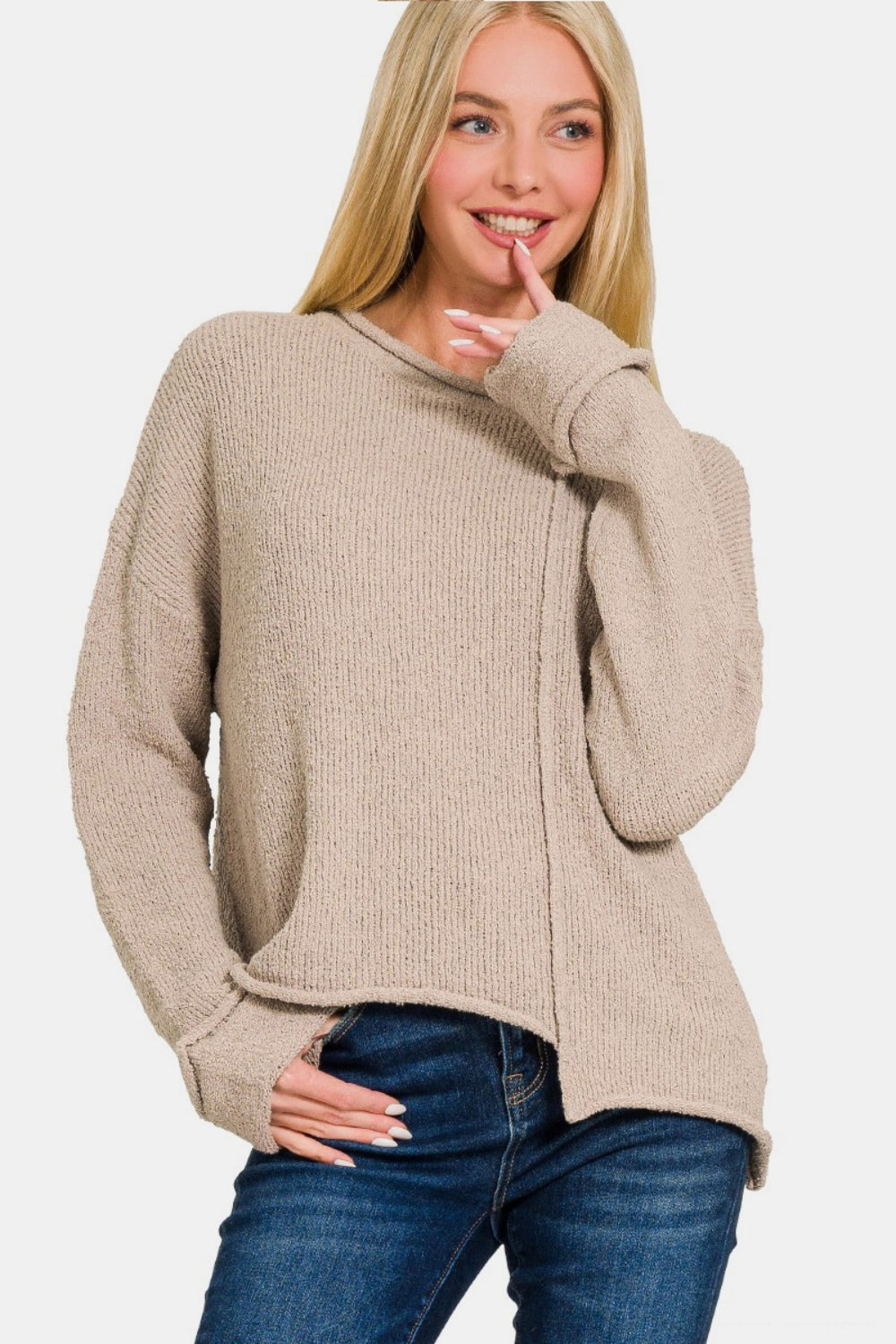 Zenana Asymmetric Hem Drop Shoulder Sweater