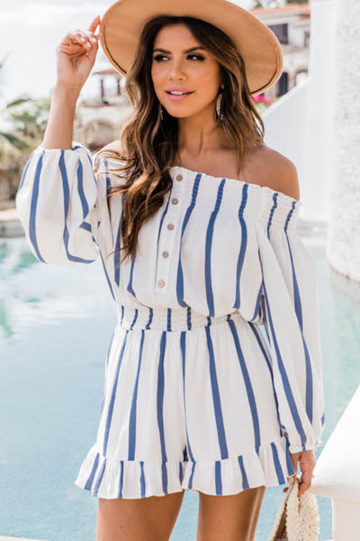 Striped Off Shoulder Smocked Romper