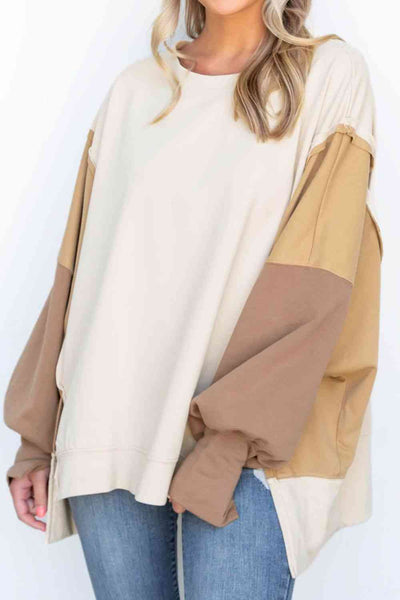 Color Block Exposed Seam Lantern Sleeve Sweatshirt