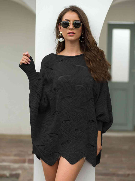 Full Size Boat Neck Lantern Sleeve Openwork Knit Top