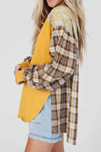 Plaid Notched Neck Slit Blouse