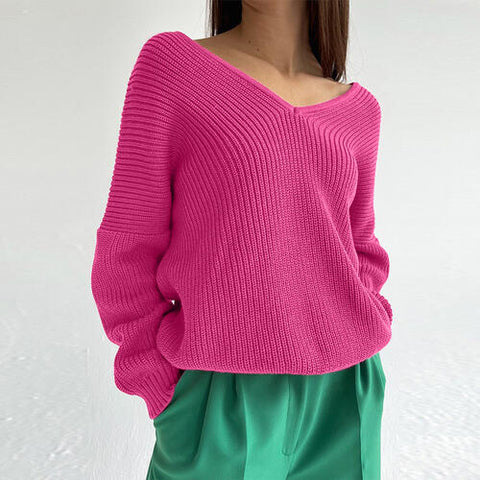 V-Neck Dropped Shoulder Long Sleeve Sweater