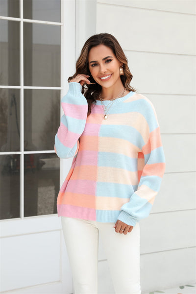 Round Neck Long Sleeve Color Block Dropped Shoulder Pullover Sweater