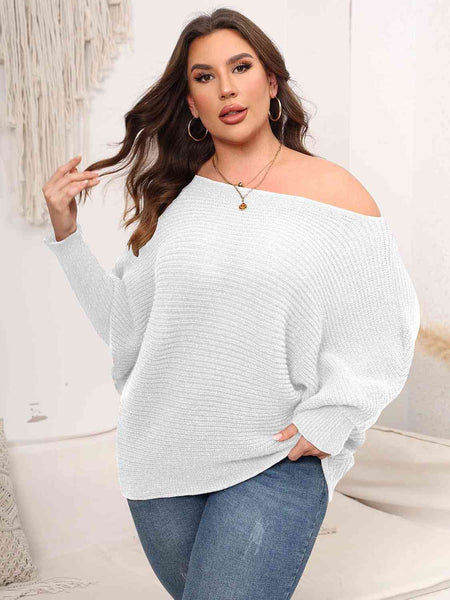 Full Size Boat Neck Batwing Sleeve Sweater