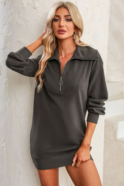 Half Zip Dropped Shoulder Mini Sweatshirt Dress