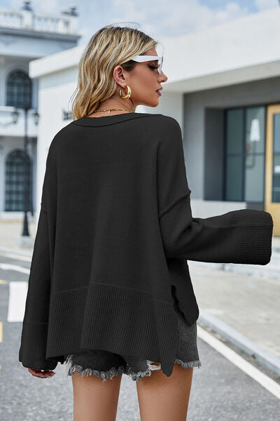 High-Low Slit Round Neck Long Sleeve Sweater