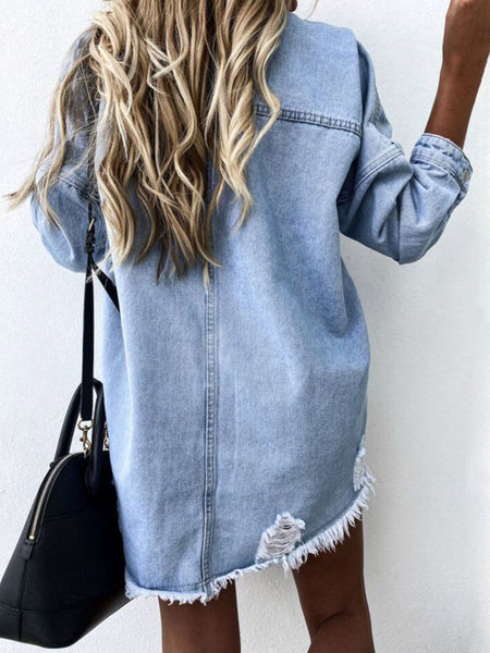 Raw Hem Collared Neck Long Sleeve Denim Jacket