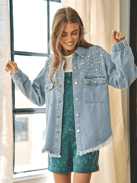 Collared Neck Raw Hem Dropped Shoulder Denim Jacket