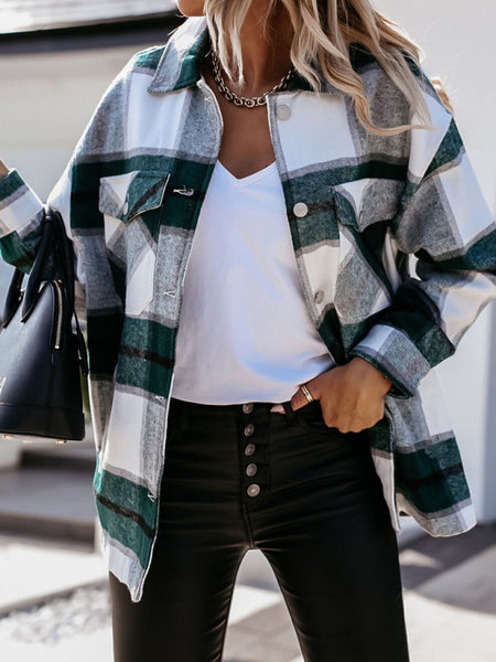 Women's autumn and winter long-sleeved loose wool plaid shirt coat