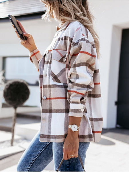 Women's autumn and winter long-sleeved loose wool plaid shirt coat