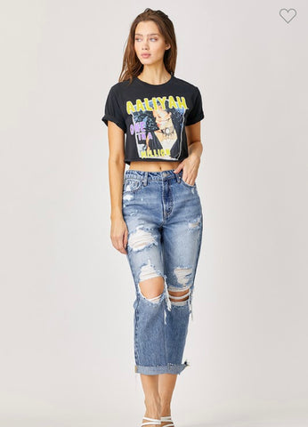 Risen Distressed Straight Leg Jeans